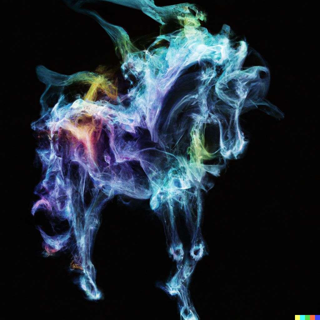 a horse made of very detailed curling wispy glowing multicolored smoke, digital art, volumetric, 3D render, Octane render